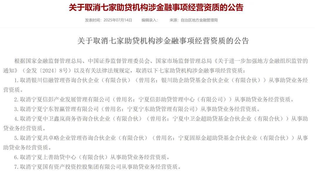 七家机构助贷业务经营资质被取消